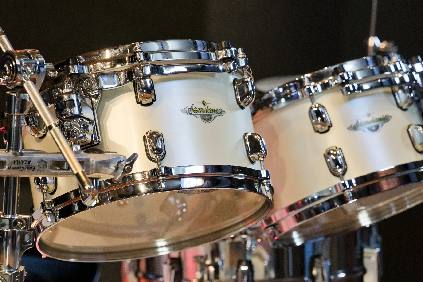 White drum kit set up at Salvation Studios